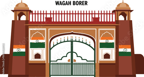 Wagah Border Gate with Indian Flags on Side Facades and Ornate Arch India Pakistan border crossing