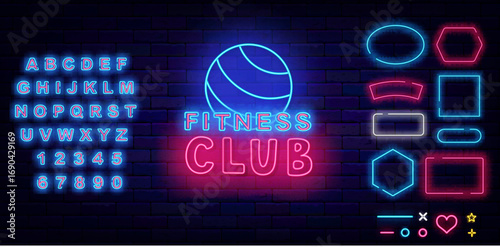 Fitness neon label. Geometric frames collection. Volleyball. Gym sports club. Athletics sign. Vector stock illustration