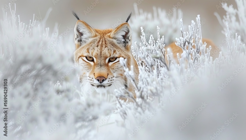 Obraz premium Lynx gracefully emerging from the snowy underbrush in a serene winter landscape setting