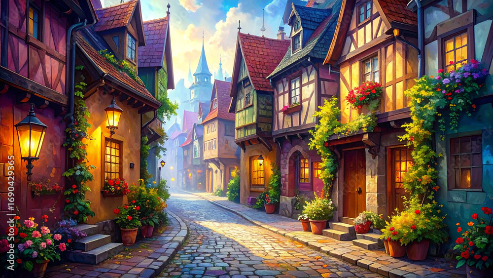 Fototapeta premium Whimsical Digital Painting of a Crooked Cobblestone Street with Colorful Half-Timbered Houses and Lantern Glow, Storybook Illustration Style