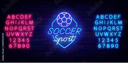 Soccer sport neon label. Ball and shield. Football team. Sport tournament. Vector stock illustration