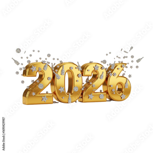 Elegant Golden 2026 Figures with Sparkling Confetti Holiday Decoration Isolated on White Background