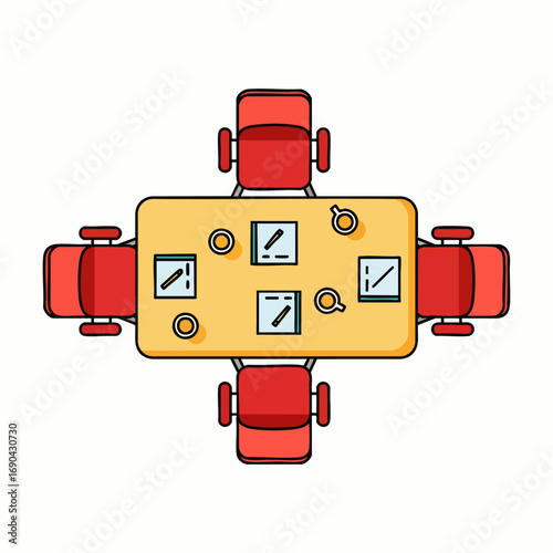 A modern top-down illustration of a meeting table with four red chairs, neatly arranged for a productive business discussion or collaborative session.