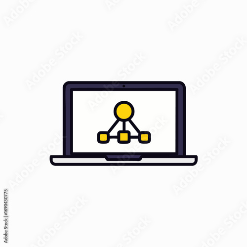 A sleek laptop displays a hierarchical network structure, symbolizing data organization, connectivity, and digital systems in a modern technological context.