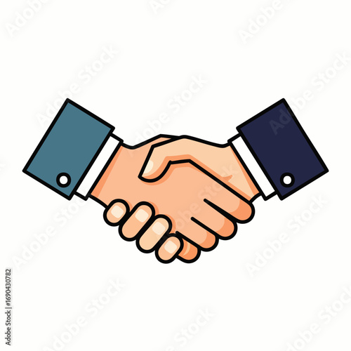This vibrant cartoon illustration depicts two professional individuals shaking hands, symbolizing successful business agreements, partnership, and mutual trust.