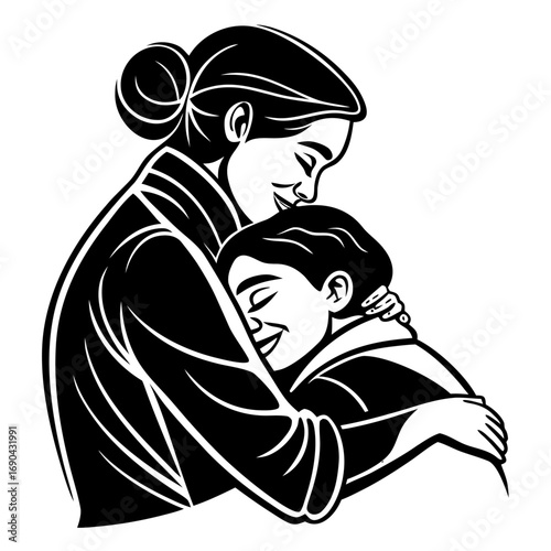 Mother and Child Hug Silhouette for Love, Family, and Mother's Day Art.