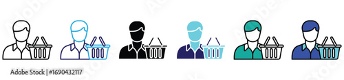 Shopper with Basket Icon Set, Customer and Retail Concept