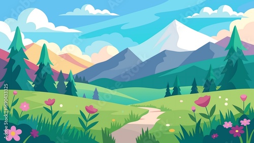 Charming cartoon landscape with rolling green hills, colorful wildflowers, pine trees, and majestic mountains under a bright blue sky with fluffy clouds, depicting a serene and idyllic natural scene