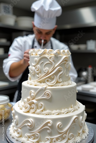 Wallpaper Mural A culinary artist meticulously decorating a tiered cake. The baker focuses on the elaborate design with skillful precision. The cake features intricate icing details. Torontodigital.ca