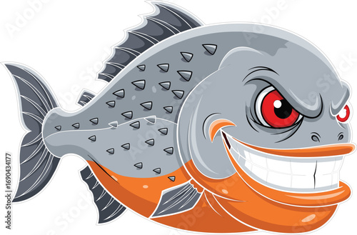 Smiling cartoon piranha fish with sharp teeth, red eyes, and aggressive expression — vector illustration for marine mascot or character design