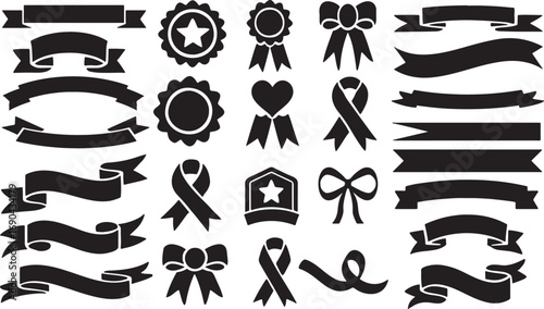 ribbon, banner, badge, award, bow, rosette, heart, star, circle, shape, design, silhouette, black and white, graphic, illustration, collection, set, variety, different, elements, award ribbon, prize, 