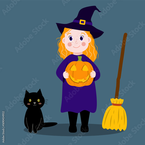 Cute witch girl holding a pumpkin with a black cat and broom. Halloween character illustration for kids.