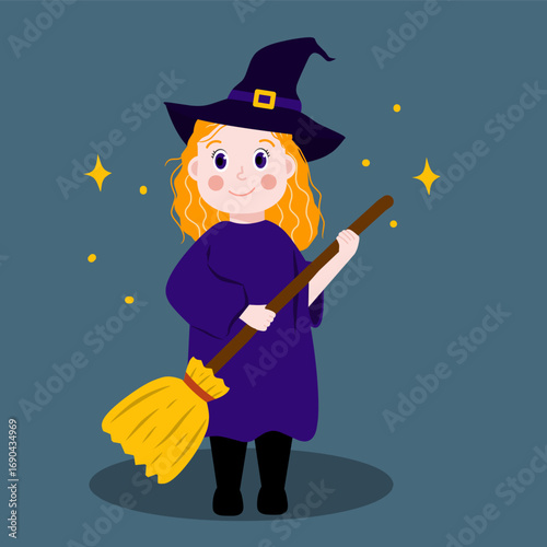 Adorable witch girl holding a broom with sparkles. Cute Halloween character design for children’s illustration.