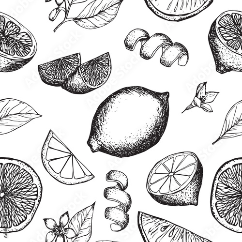 Black and white seamless lemon pattern with citrus fruits and leaves