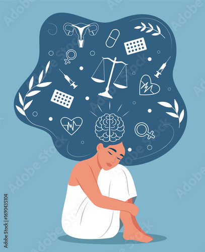International Women's Health Day. Women's mental health. Woman with long hair and elements of medicine scales, uterus, brain, heart hugs herself. Mindfulness, care. For medicine and social networks