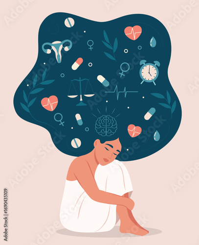 International Women's Health Day. Women's mental health. Woman with long hair and medical elements, scales, uterus, brain and heart hugging herself. Mindfulness, care. For health, prevention projects