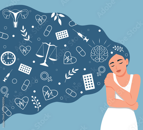 International Women's Health Day. Women's mental health. Woman with long hair and elements of medicine scales, uterus, brain, heart. Mindfulness, care. Perfect for medicine and social media
