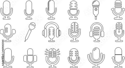 microphone, icon, outline, retro, vintage, audio, sound, recording, broadcast, podcast, music, speech, communication, silhouette, design element, vector, graphic, symbol, equipment, technology, studio