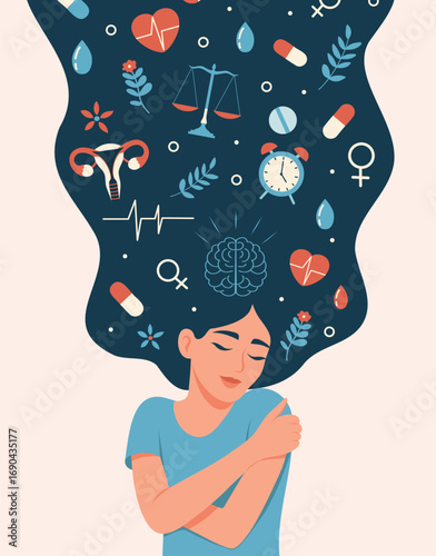 International Women's Health Day. Women's mental health. Woman with long hair and medical elements, scales, uterus, brain and heart hugging herself. Mindfulness, care. For medicine and social networks
