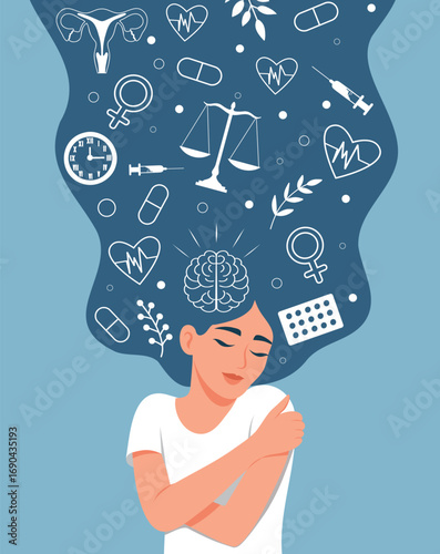 International Women's Health Day. Women's mental health. Woman with long hair and elements of medicine, uterus, brain, scales, heart. Mindfulness, care. Ideal for medicine and social networks