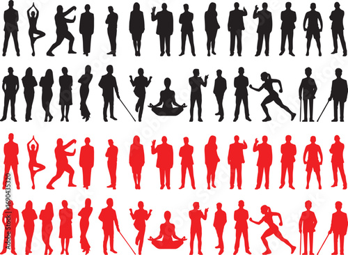 silhouette, people, figures, poses, standing, walking, running, jumping, yoga, meditation, stretching, dancing, disabled, blind, cane, black, red, white background, diversity, group, collection, set, 