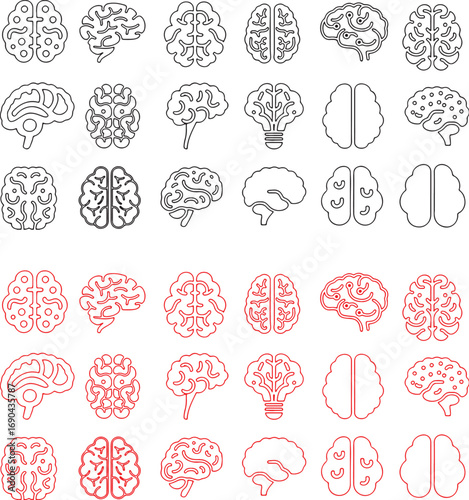 brain, human brain, anatomy, science, medical, illustration, outline, drawing, black, red, white background, collection, set, icons, symbols, mind, thinking, intelligence, knowledge, neurology, biolog
