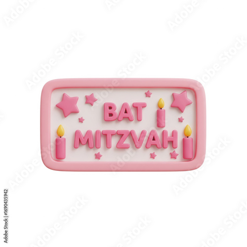 Pink Bat Mitzvah Celebration Sign With Candles And Stars On Transparent Background