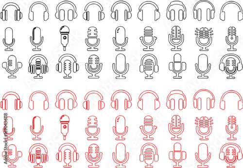 headphones, outline, miscellaneous, singing, listening, showcases, featuring, illustration, graphic, including, representing, symbol, sound, audio, diverse, collection, broadcasting., communication, r