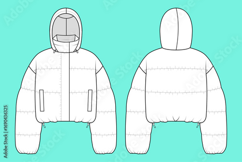 Women's Long Sleeve Quilting Puffer Crop Hoodie Jacket Fashion Flat Sketch CAD Mockup Template.
