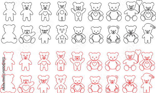 childhood, toy, range, outline, bears, solid, miscellaneous, bears., white, illustration, graphic, offering, animal, outlined, well, diverse, vector, accessories, hug, collection, character, heart, re