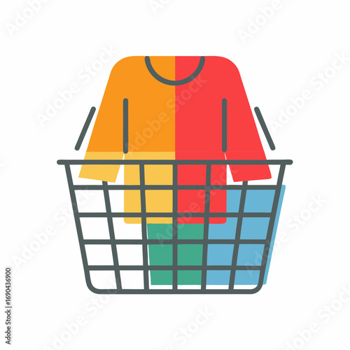 Knit sweater in laundry basket with colorful clothes and towels  