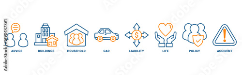 Insurance icon set vector concept with icon of advice, buildings, household, car, liability, life, policy, accident 