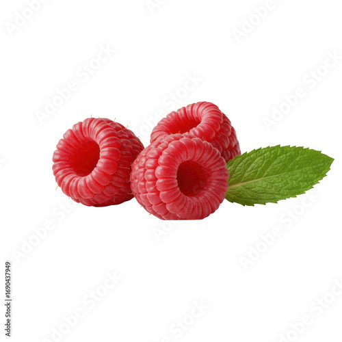 Three vibrant red raspberries with a fresh green mint leaf precisely arranged on a transparent plate, isolated against transparent, macro, high-key, commercial product photography concept.