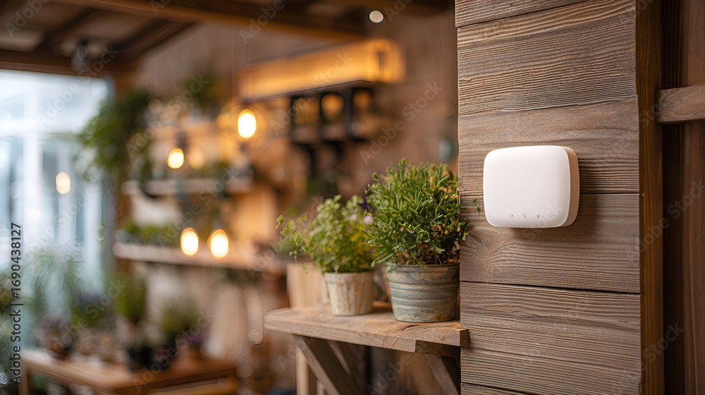 Fototapeta premium Smart home control hub installed on wooden wall in cozy cafe