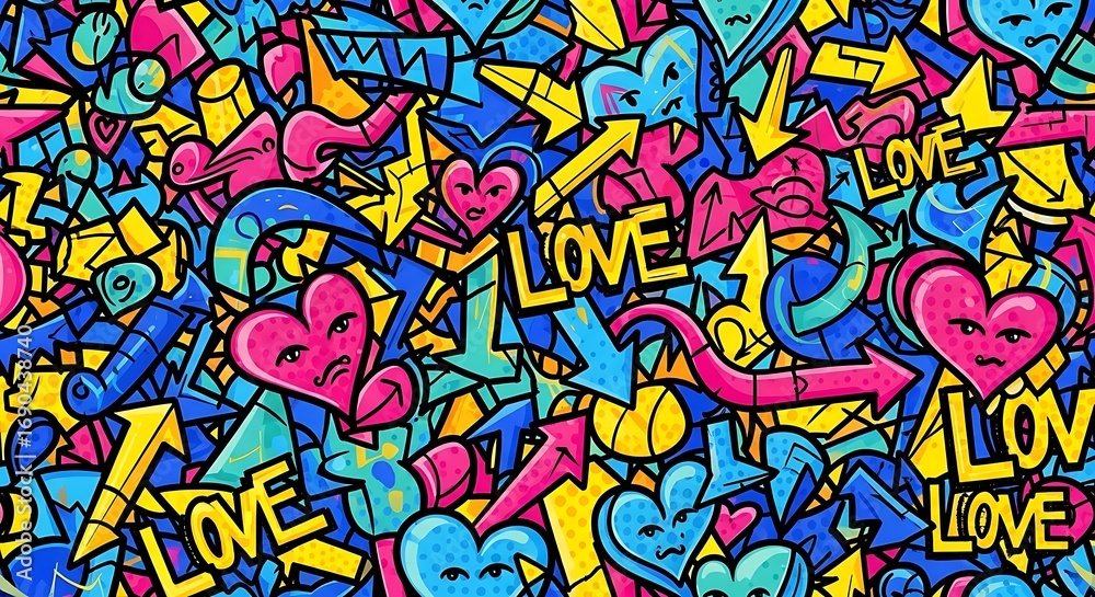 Naklejka premium Vector art of abstract graffiti art with hearts, arrows, and the word love in bright, bold colors