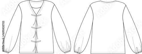 Flat Sketch of Blouse with Front Ties and Puff Sleeves – Technical Drawing Front and Back
