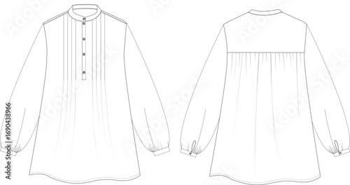 Flat Sketch of Long Sleeve Tunic with Pleated Front and Button Detail – Technical Drawing Front and Back