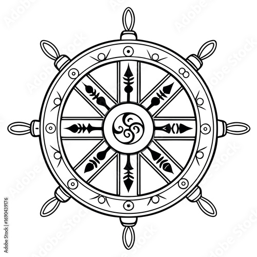 Intricate Dharma Wheel Symbol Keywords: dharma wheel, buddhism, symbol, religion, spirituality
