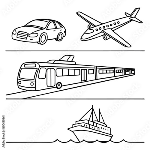 Car airplane train and sailboat line art icons vehicle