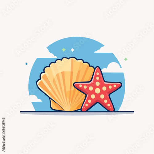 Colorful Seashell And Starfish Illustration