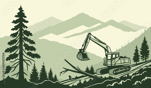 Monochromatic Green Vector Illustration of Deforestation Scene with Heavy Machinery, Fallen Tree, and Mountain Layers