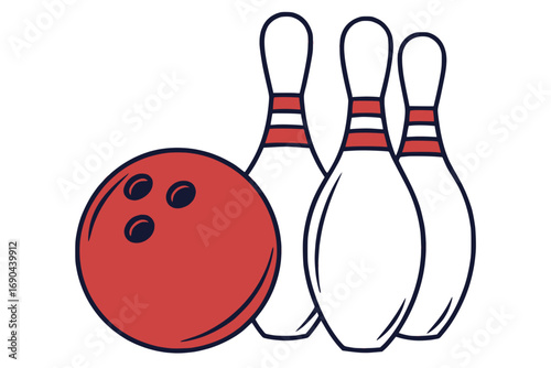 Flat vector of a bowling ball with pins, bold solid color design, isolated on white background