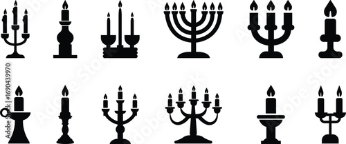 Candle with Stand Icon Set Black Flat Style Lighting Symbol Collection Group of Candlestick, Menorah, Lamp, Flame, Waxlight, Torch, Lantern, Illumination Vector