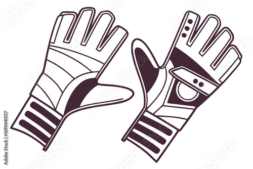 Flat vector of a pair of goalkeeper gloves, simple bold solid design, isolated on white background