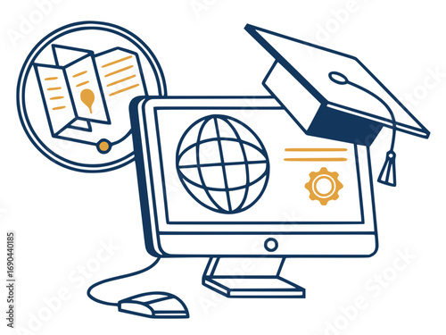 Vector illustration of computer monitor with online education symbol, flat modern design, white background
