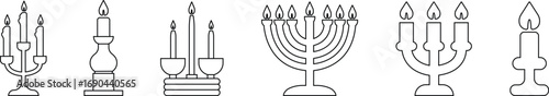 Candle with Stand Icon Set Black Line Style Lighting Symbol Collection Group of Candlestick, Menorah, Lamp, Flame, Waxlight, Torch, Lantern, Illumination Vector
