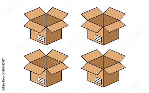 Isometric View Four Brown Cardboard Boxes, Unpacked and Ready, on a Plain White Background, Suitable for Logistics Concepts