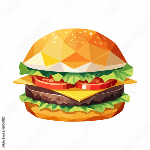 Geometric polygonal hamburger with layers of bun, cheese, lettuce, and patty, conveying modern design and flavor.