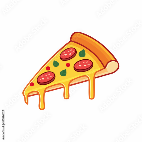 Slice of pizza with melted cheese and pepperoni, conveying flavor and fast food.