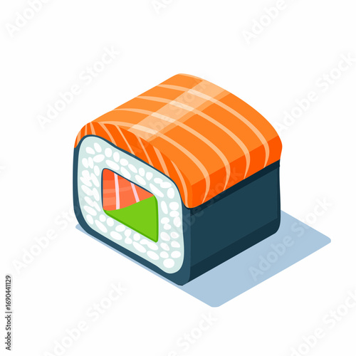 Isometric sushi roll with salmon topping and rice, conveying Japanese cuisine and simplicity.